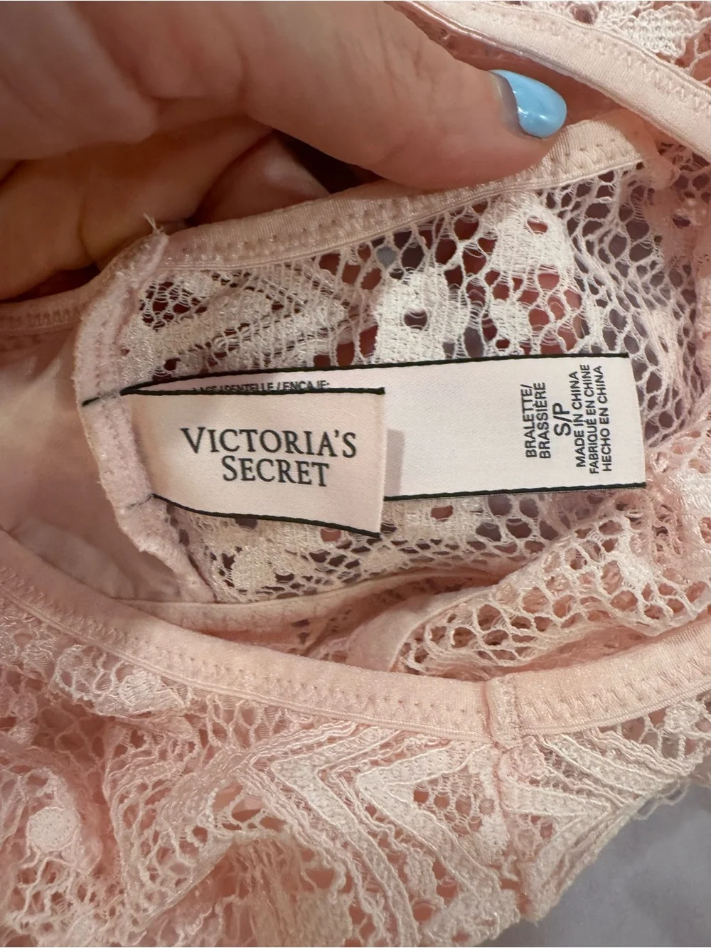 Victoria’s Secret pink lace bralette.